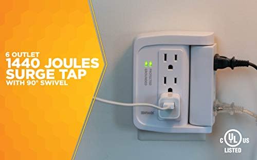 Southwire Woods 6 Space Saver Swivel Wall Tap - 3 Rotating Outlets - 500J Appliance Surge Protector - cULus Listed - White
