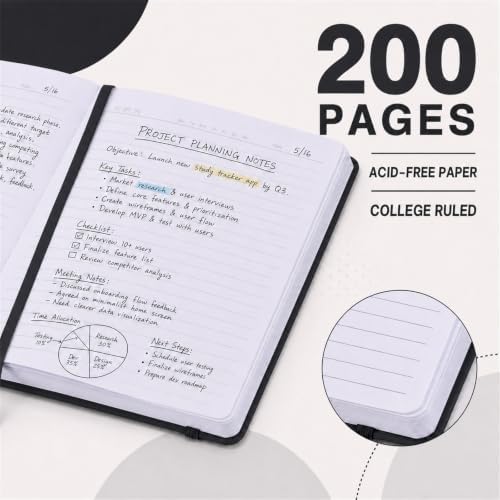 SUIN A5 Hardcover Lined Journal Notebook, 200 Pages, Black, 1 Pack