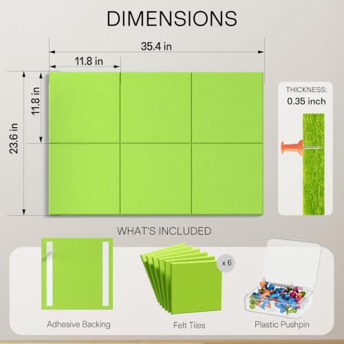 MaxGear Large Cork Board for Wall 36" x 24", Fruit Green Bulletin Board, 6 Pack Felt Wall Tiles with Pushpins, Cork Boards for Office Pin Board Tack Board Cork Boards