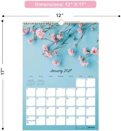 Blueline® 2027 Colorful Monthly Wall Calendar, 12 Months, January to December, Gold Twin-Wire Binding, 12" x 17", Romantic (C173122)