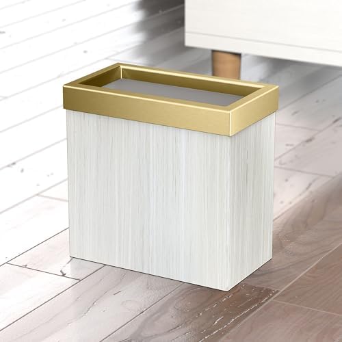 Gatco Modern Rectangle Wastebasket, White Oak/Brushed Brass Lid - Stainless Steel Trash Can with Removable Lid, Leakproof, 3 Gallon Capacity for Bathroom, Bedroom, Kitchen, or Office