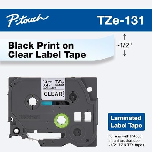 Brother Genuine P-touch TZE-131 Tape, 1/2" (0.47") Standard Laminated P-touch Tape, Black on Clear, Perfect for Indoor or Outdoor Use, Water Resistant, 26.2 Feet (8M), Single-Pack
