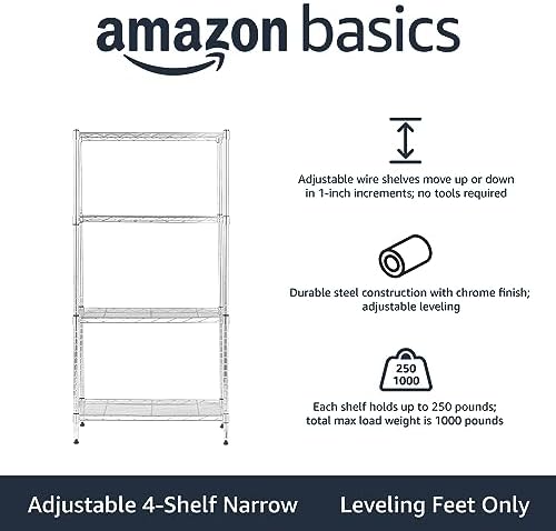 Amazon Basics 4-Shelf Adjustable Storage Shelving Unit for Garage, Steel Wire Rack, 200 Pound Loading Capacity per Shelf, 13.4"D x 23.2"W x 48"H, Chrome