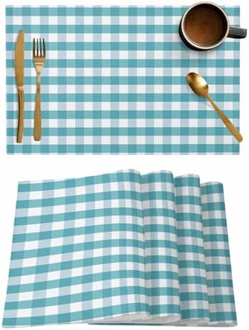 Rustic Teal White Buffalo Check Plaid Pattern Placemats Set of 6, Farmhouse Heat Resistant Washable Table Place Mats Cotton Table Linens Party Holiday Decor for Kitchen Dining Outdoor Indoor