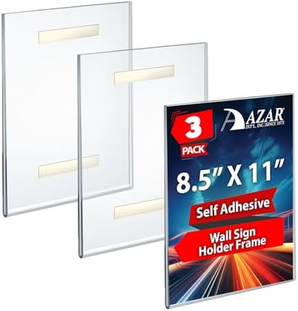 Azar Displays 122021-3PK Adhesive Clear Acrylic Wall Sign Holder, Vertical 8.5” x 11” Frame for Office Posters, Flyers, Nameplates & Door Signs – Peel & Stick Wall-Mount Display, 3-Pack