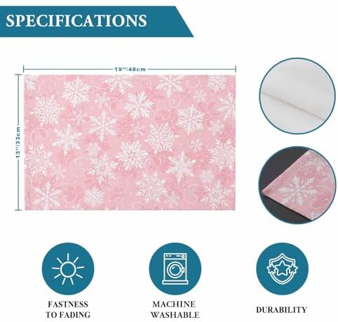 Christmas Placemats Set of 4, Pink White Snowflakes Pattern Heat Resistant Washable Table Place Mats Winter Cotton Table Linens Party Holiday Decor for Kitchen Dining Outdoor Indoor