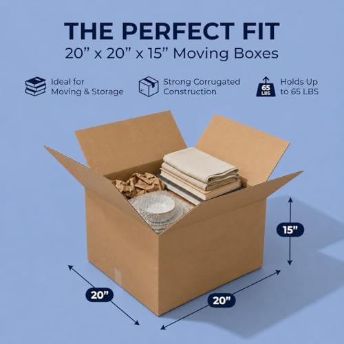 BOX USA Moving Boxes Holds 65lbs, 20"L x 20"W x 15"H (12-Pack) Large - Corrugated Cardboard Box for Shipping, Mailing, Packing, Packaging and Storage