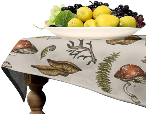 Vintage Woodland Mushroom Tablecloth, Nature Forest Plants Botanical Ferns Print Table Cloth for Farmhouse Kitchen Party Picnic Dinner Decor 60x120in