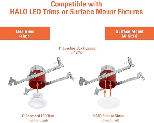HALO 4” Junction Box Housing fits 4” LED Trims, HALO Surface Mounts, & Fans – Safe in Fire-Rated Ceilings – JB4FR2-4PK
