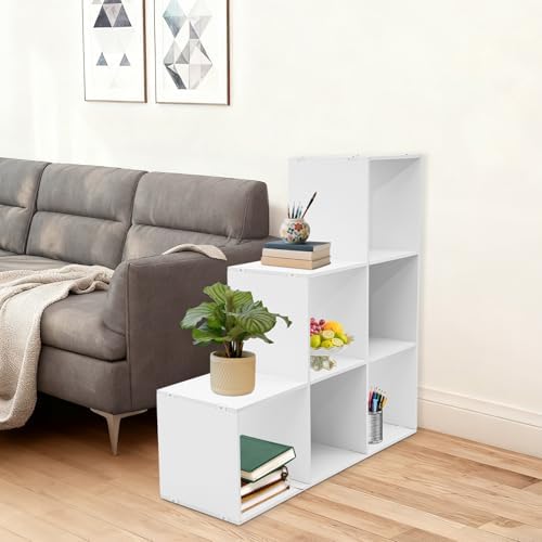 3-Tier Stepped Bookshelf, 6 Cube Storage Organizer, Freestanding Ladder Bookcase, L-Shaped Corner Shelf, Room Divider Shelf, 35.4" Tall Modern Display Shelf for Home Office Living Room