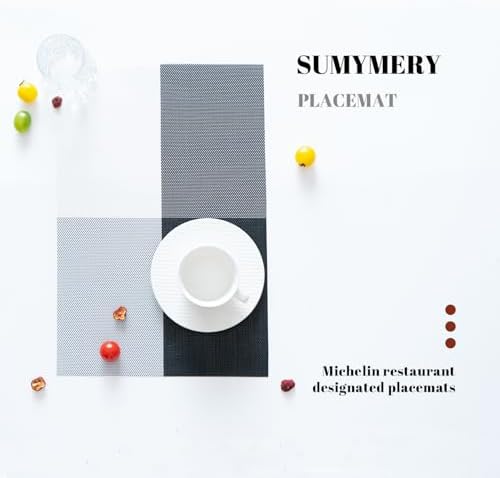 Placemats Set of 12 Vinyl/Plastic Woven Place Mats for Kitchen Table Indoor/Outdoor Washable Placemat Wipeable Dining Table Mats (Grey Grid,12)