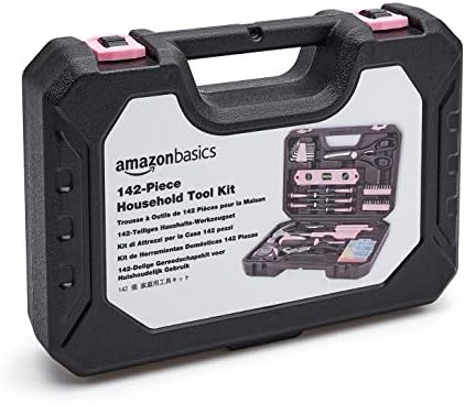 Amazon Basics 142-Piece Household Tool Kit for Home Repair, Hand Tools with Storage Case, 13.39 x 9.25 x 2.95 inch, Pink