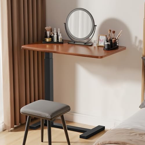 Adjustable Overbed Bedside Table with Wheels, Rolling Laptop Table, Pneumatic Adjustable Hospital & Home Use Bed Table, Mobile Standing Desk, Brown