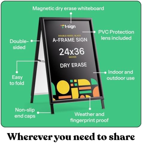 T-SIGN Sidewalk Sign for Indoor & Outdoor Sign - Open Aluminum A Frame Sign Poster Board 24x36 Inches, White Dry Erase Surface - Heavy Duty Double Sided Sandwich Board, Street Advertising Sign Board