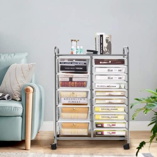 COSTWAY 15 Drawer Rolling Storage Cart, Mobile Utility Cart with Lockable Wheels, Drawers, Multipurpose Organizer Cart for Home, Office, School, Clear