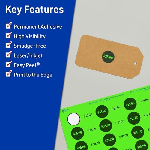 Avery Printable Round Labels, Sure Feed Technology, 3/4" Diameter, Neon Green Labels, Print-to-the-Edge, Laser/Inkjet, 6,400 Total, Great for Price Stickers and Mailing Seals