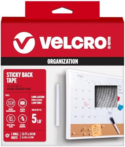 VELCRO Brand Sticky Back Hook and Loop Fasteners, White, 15 Ft Tape Roll