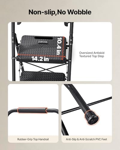 VEVOR 4 Step Ladder, Folding Step Stool with Wide Anti-Slip Pedal, Tool Tray, Comfort Handgrip, 600 lbs Capacity Portable Steel Ladder, Multi-Use for Kitchen, Home, Household and Office, Black