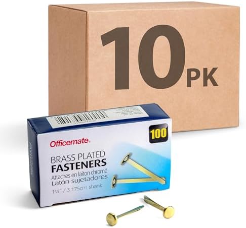 Officemate Brass Plated Fasteners, 1.25-Inch Length, 0.375-Inch Head, 100 per Box, 10 Pack (998150)