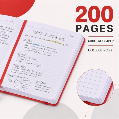 SUIN A5 Hardcover Lined Journal Notebook, 200 Pages, Red, 1 Pack