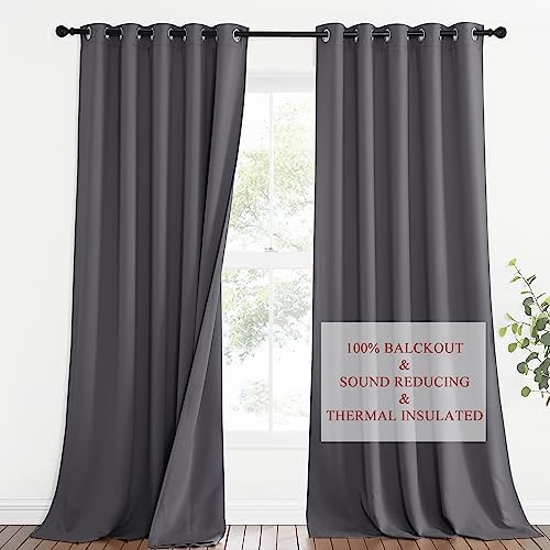 NICETOWN Noise Insulation Curtain Panels, Pair of Energy Smart & 100% Blackout Echo of Sounds Reducing Drapes for Dining Room Window, Thermal Guest Room Lined Window Dressing(Gray, 62 x 95 inch)