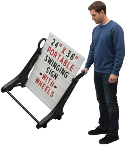24 x 36 Inch Rolling Swinging Changeable Message Sidewalk Sign, Black, Plastic Storefront Display Sign, Outdoor Business Advertising Board