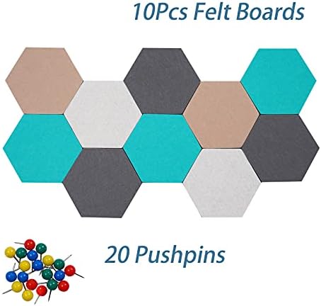 10Pcs Self Adhesive Felt Board Tiles Hexagon Bulletin Board for Walls, Felt Cork Pin Board for Pictures Photos Memos with Push Pins (Color D)