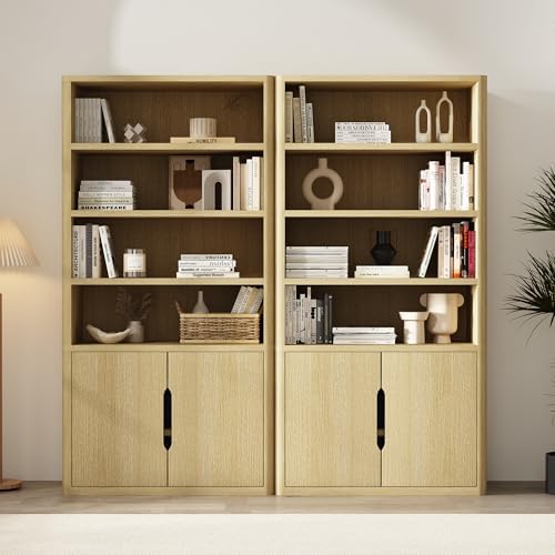Manhattan Comfort Rivington Bookshelf, 79" Tall 4 Open Shelve Bookcase with Adjustable Shelves, Soft Close Doors for Living Room or Home Office, Rounded Corner Storage Cabinet, Set of 2 in Natural Oak