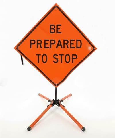 Traffic Roll-Up Sign Kit with Stand – Collapsible Safety Sign & Heavy-Duty Portable Stand, High Visibility, Easy Setup (Be Prepared To Stop, Non-reflective)