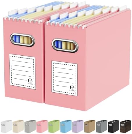Oterri Portable Collapsible Cardboard File Box with Handle for Letter-Size | 2-Pack. Stainless Steel Handle. Label Stickers Included. Fits Letter Folders (Not Included). Home, Office, School, Dorm, Tax.