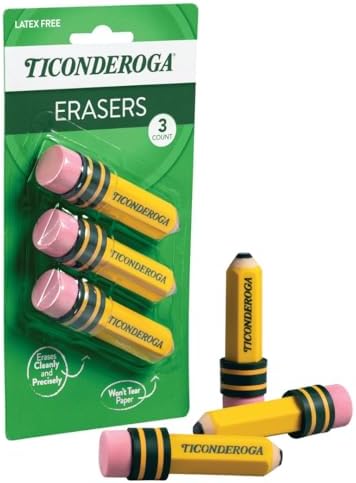 Ticonderoga Pencil Shaped Erasers, 3 Erasers/Pack, 12 Packs