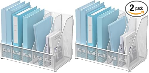 Desk Organizers Metal Desk Magazine File Holder with 5 Vertical Compartments Rack File Organizer for Office Desktop, Home Workspace, White (Pack of 2)