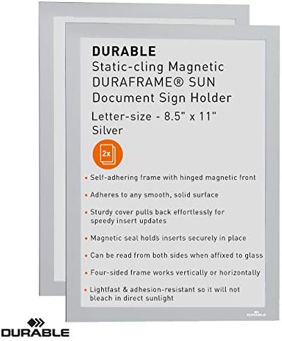 Durable Duraframe Sun Sign Holder, Magnetic, Silver, Letter Size, 2 Pack
