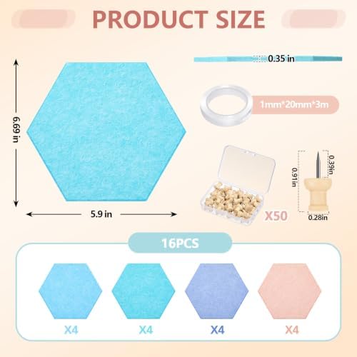 6.7 x 5.9 in 16 Pcs Hexagon Cork Board Tiles, Felt Pin Boards, Pastel