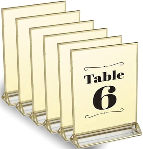 Clear Acrylic 2 Sided Frames with Gold Borders and Vertical Stand (Pack of 6) | Ideal for Wedding Table Number Holder, Double Sided Sign, Clear Photos, Menu Holders