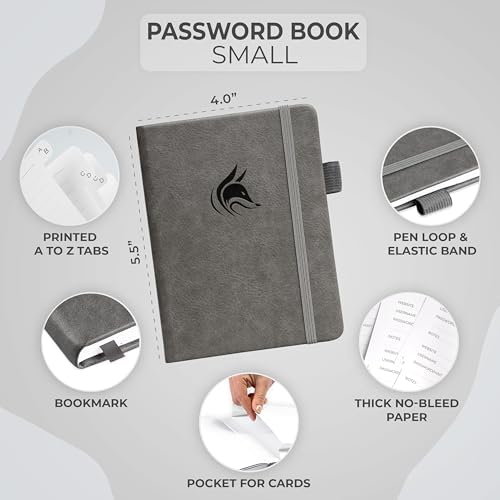 Clever Fox Password Book with Alphabetical Tabs, 4"x5.5" Keeper Grey