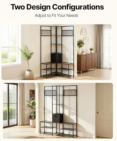 VEVOR Corner Hall Tree with Shoe Bench, 70.9 in Coat Rack with Hooks and Steel Frame, Freestanding Clothes Shoes Rack Storage Organizer with Anti-Tip Set, for Entrance, Closet, Office, Rustic Brown