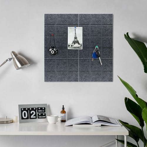 6 Packs Deep Grey Cork Board Felt Board Tiles, Bulletin Board 12"X12" with 30 Push Pins, Felt Board for Home Kitchen Office Decor, Self-Adhesive Corkboard Tiles for Walls School Message Display Board