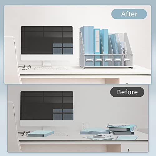 Desk Organizers Metal Desk Magazine File Holder with 5 Vertical Compartments Rack File Organizer for Office Desktop, Home Workspace, White (Pack of 2)