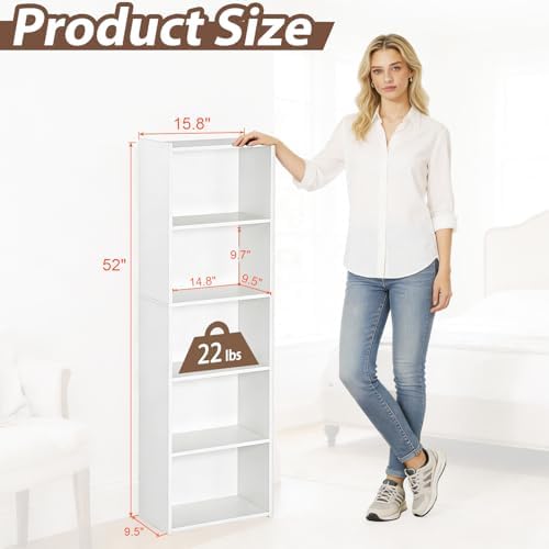 SUPER DEAL 5-Tier Open Shelf Bookcase and Bookshelf, Freestanding Display Storage Shelves Narrow Cube Storage Organizer for Small Spaces Kids Bedroom Living Room Home Office Apartment, 52 Inch, White