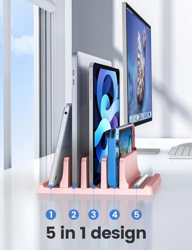 Vaydeer 3-Slot Vertical Laptop Stand Made of Premium ABS Plastics 5 in 1 Design Space-Saving Adjustable Desk Organizer for All MacBook/Chromebook/Surface (Pink)