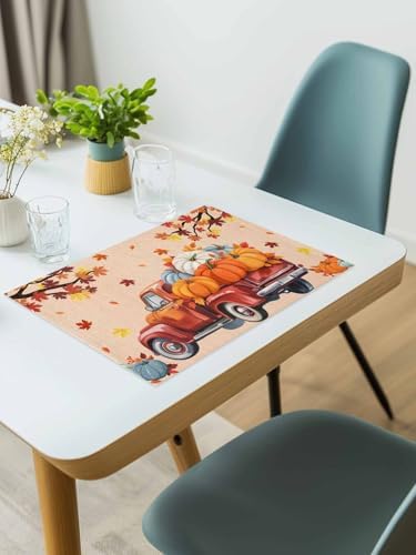 Fall Placemats Set of 6,Cotton Linen Heat Insulation Thanksgiving Harvest Pumpkin Farmhouse Truck Placemat for Holiday Banquet Dining Kitchen Table Decor