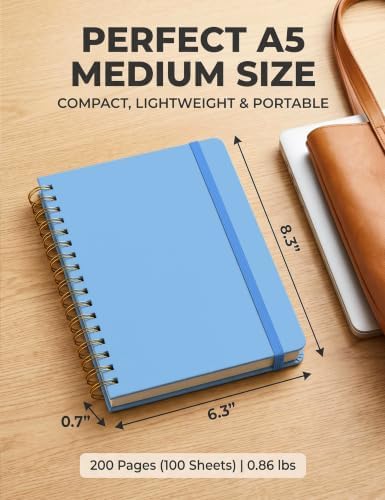 5 Pack Hardcover Spiral Notebooks, 8.3" x 6.3" Lined Journal Set, 100 GSM Bleed-Resistant Paper, 200 Pages Twin-Wire Bound Notebook with Elastic Band & Category Stickers for Office, School