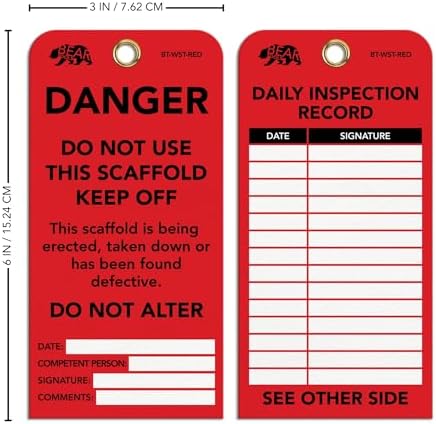 BearTOOLS Scaffold Tags - Safety Inspection Kit with Cable Ties - Danger Scaffold Status Warning Sign - Laminated 3 x 6 in, Pack of 25 - Weatherproof, Tear-Resistant - Red Tags