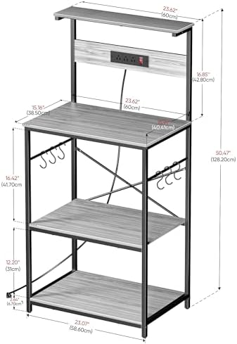 VUSIGN Kitchen Bakers Rack with Power Outlet, 4 Tiers Microwave Stand with Storage, 23.6 Inch Coffee Bar Station with 6 S Hooks, Adjustable Shelf Rack for Pots/Pans/Spices, Gray