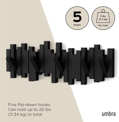 Umbra Sticks Wall Mount Coat Rack, 5 Hook Retractable Pegs, Black