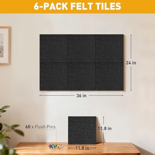 Fabric Bulletin Board 36"x24", 6-Pack Felt Wall Tiles, Black