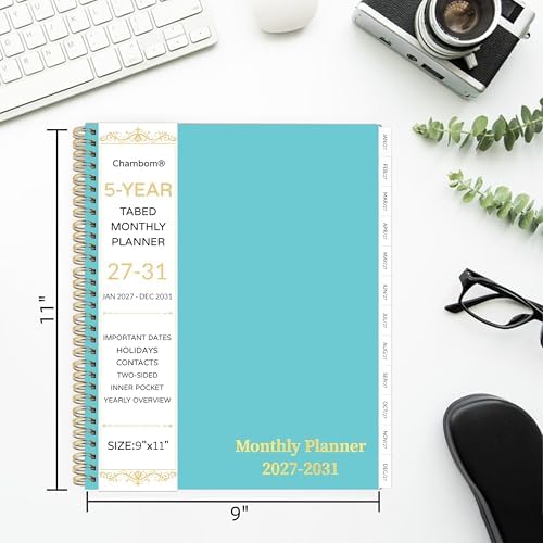 2027-2031 Monthly Planner, 5 Year Monthly Planner/Calendar 2027-2031, 60-Month Jan 2027 – Dec 2031, 9" x 11", Tabs, Double-Side Pocket, Holidays, Thick Paper - Blue