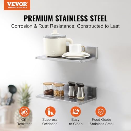 VEVOR Stainless Steel Wall Shelf, 8.6" x 16"-2 Pack with Backsplash, Holds 44 lbs, Ideal for Kitchen, Bar, Restaurant, Home, Hotel