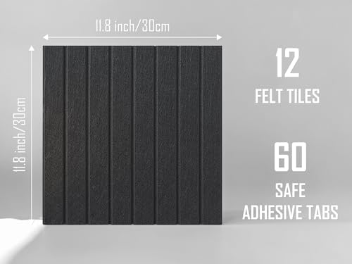 Slated Felt Bulletin Board Tiles | Cork Board Alternative for Walls | Wall Panels for Office & Home Decor | Aesthetic Pinboard & Photo Board | 12-Pack (11.8" x 11.8") with Adhesive | Black